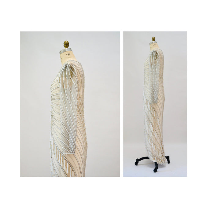 80s 90s Vintage Silver White Cream Beaded Gown Dress Medium Large By Bob Mackie Silk// Vintage Wedding Gown Beaded Fringe Art Deco Gown