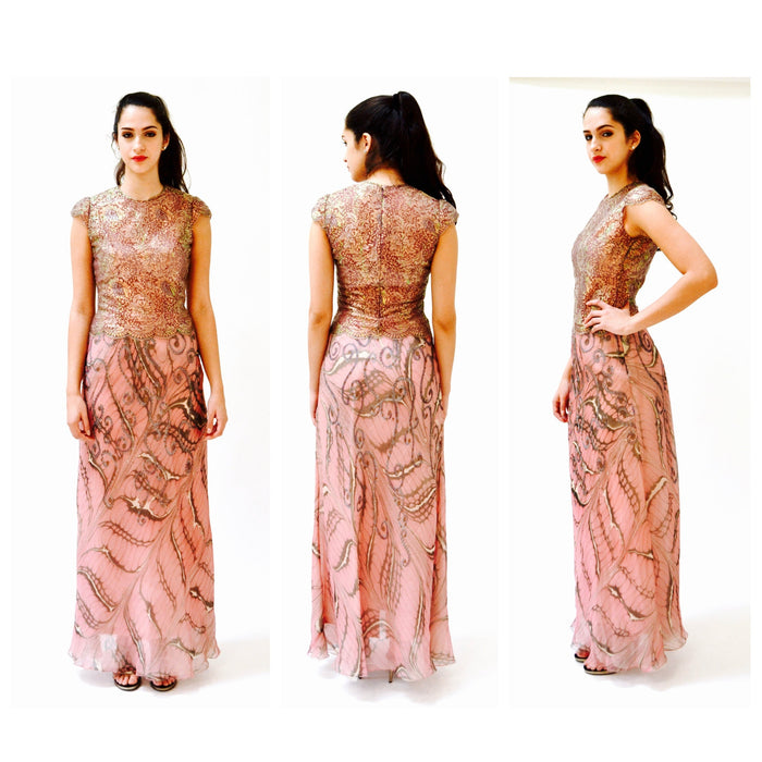 90s 00s Vintage Pink Lace Silk Bias Cut Dress Small Wedding Party Gown// 90s 00s Bias cut Gown Long Dress Metallic Lace Butterfly Print