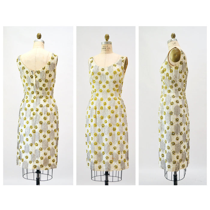 50s 60s Vintage Cream Gold Sequin Beaded Dress and Jacket Small Medium 1950s 60s Wedding Sequin Dress Jacket Flower Beaded Suit Miss Ruth