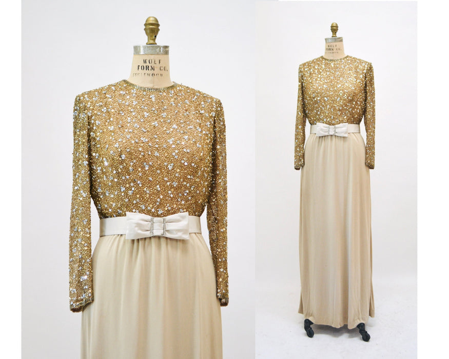 70s 80s Gold Sequin Metallic Dress Gown Wedding Dress 70s Gold Silver Beaded Dress Medium By Claire Pearone// 70s Vintage Beaded Gold Dress