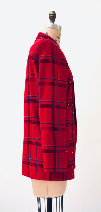 90s Vintage Red Plaid Jacket Blazer with Rhinestones Red Plaid Blazer 80s 90s Glam Power Suit Small Medium Criscione Christmas Party Jacket