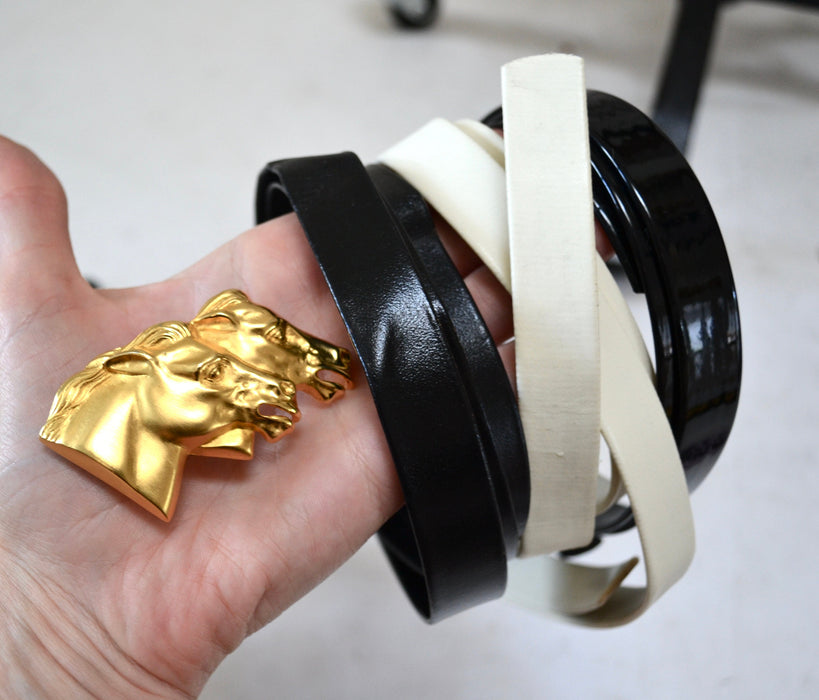 90s Vintage Gold Horse Pony Belt Buckle Leather Cream White Black Belt Gold Wild Horses Rodeo Pony Cowgirl Cowboy Belt Buckle Leather Belt