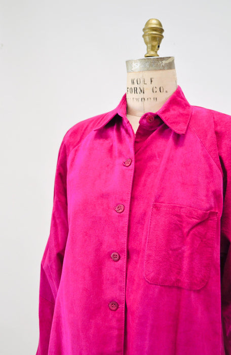 Vintage 90s Bright Pink Leather Shirt Button Down Sueded Leather Shirt Long Sleeve Top Leather Blouse Top Large 90s Pink Fuchsia Suede Shirt