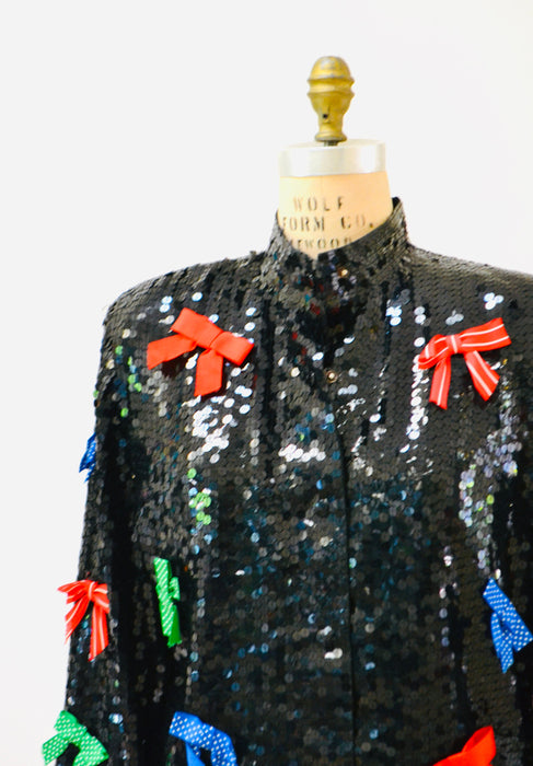 Vintage Black Sequin Jacket With Bows Ribbons 80s 90s Pop art Sequin Jacket Red Blue White Green Metallic Sequin Jacket Medium