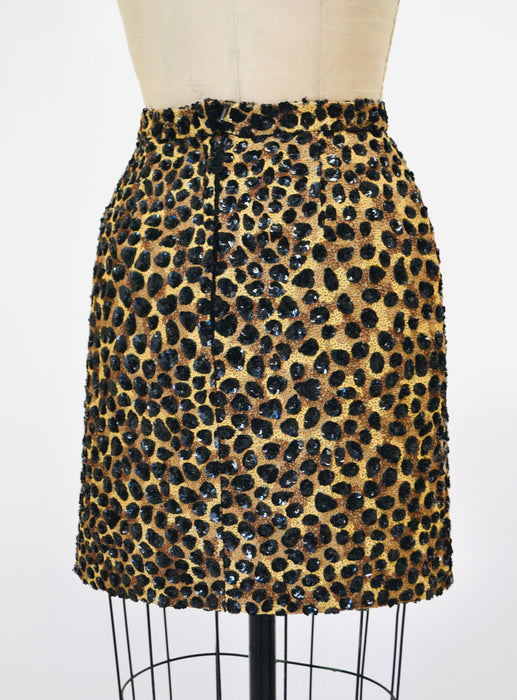 90s Vintage Metallic Sequin Skirt Size Small Animal Leopard Cheetah Print By Jeanette // 90 Vintage Black Sequin Party Skirt Size Small