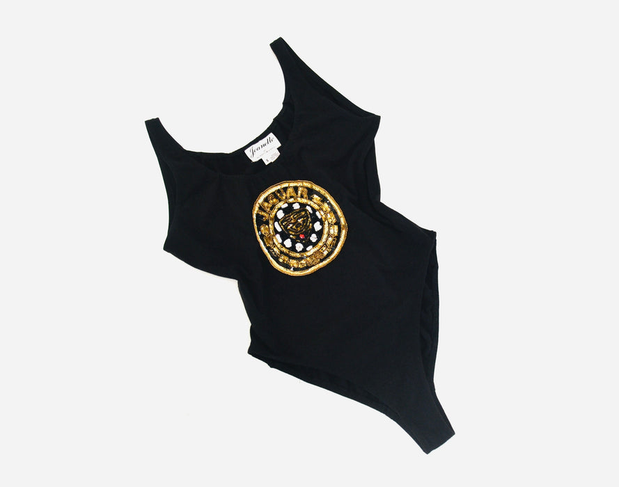 90s Black Sequin Body Suit Knit Body Suit Leotard High Cut 80s 90s body Suit with Sequin Jaguar Car Logo By Jeanette Kastenberg Small Medium