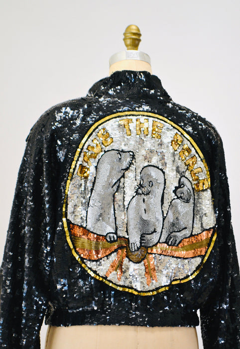 Vintage Sequin Jacket by Modi Seal Save The Earth Day Sustainable Fashion // 80s Glam Vintage Black Sequin Jacket Animal Lover Jacket