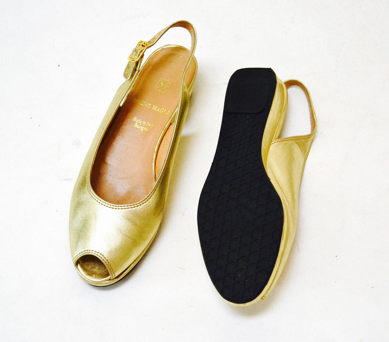 Vintage Gold Metallic Leather Sandals Slip on Heels Shoes 6 1/2 Bruno Magli Made in Italy// Gold Leather Peep toe Sling Backs Wedge 6 1/2