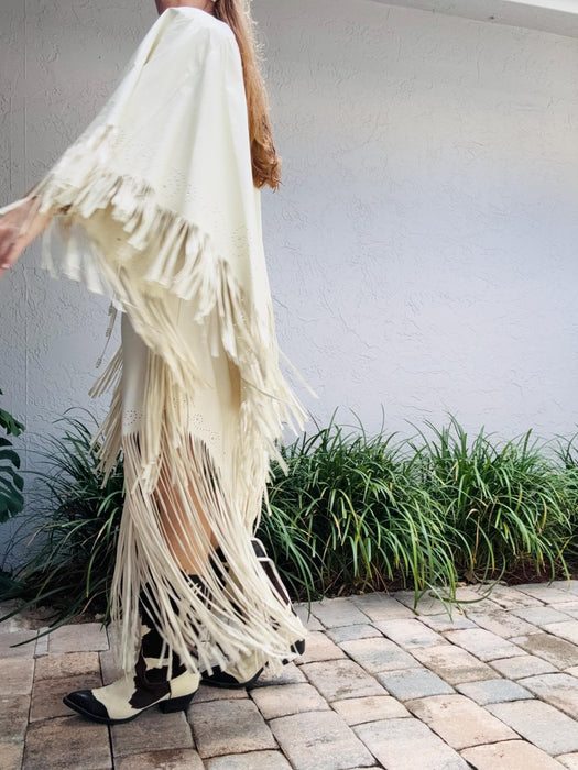 70s 80s Vintage White Leather Fringe Dress and Fringe Leather Cape 80s Country Music Western Wedding Cowgirl Dress by Mandana Medium