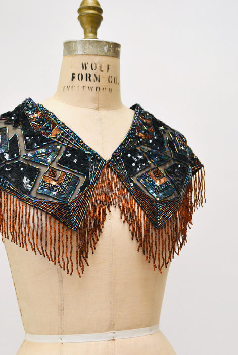 90s Vintage Beaded Fringe Shawl Wrap Burlesque Wedding Flapper Brown Black Metallic Beaded Vintage Fringe Collar Shawl Showgirl Festival