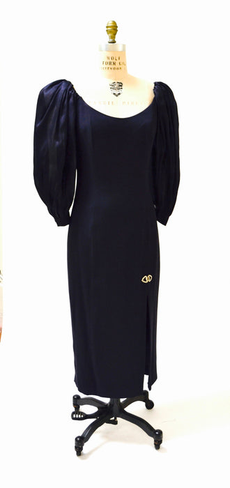 80s Vintage Party Prom Dress Medium Large Dark Navy Blue Poof Sleeves // Vintage 1980s Evening Gown Large Trophy Wife Dress Dynasty Dress
