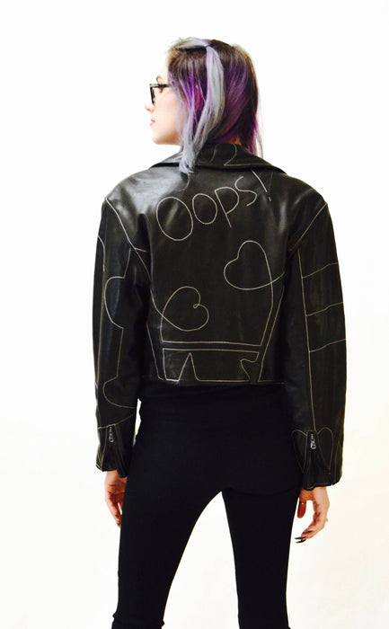 Vintage Black Leather Motorcycle Jacket by Moschino Leather Oops Heart Made in Italy// 90s Black Leather Jacket Biker Medium Large