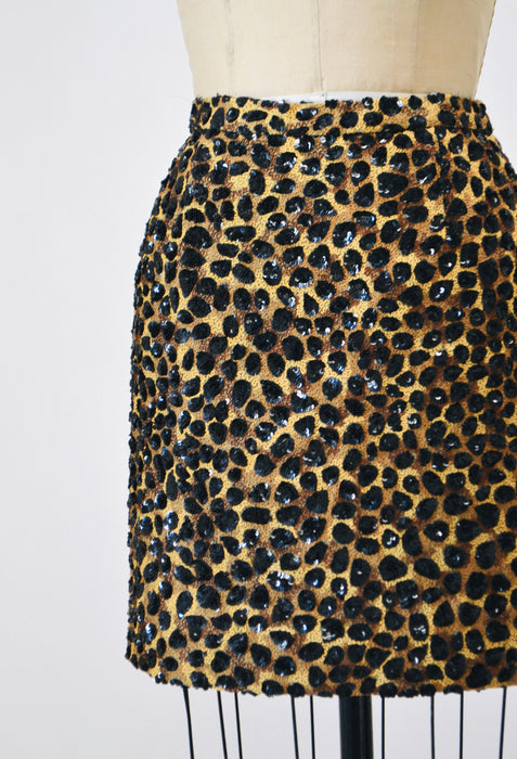 90s Vintage Metallic Sequin Skirt Size Small Animal Leopard Cheetah Print By Jeanette // 90 Vintage Black Sequin Party Skirt Size Small