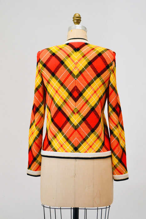 80s 90s Vintage St. John Collection Yellow Plaid Sweater Cardigan Jacket Yellow Black Red Gold Plaid Knit Jacket Small Cardigan St John
