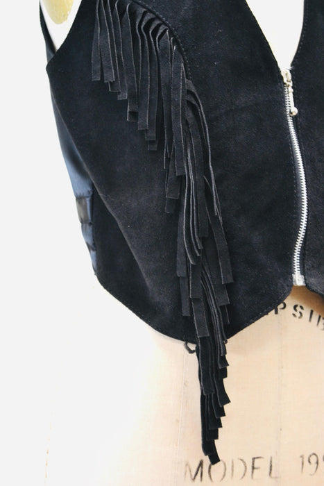 80s 90s Vintage Black Leather Fringe Vest Black Fringe leather Vest Cowboy Cowgirl Rodeo Biker Festival Vest Large Black Leather Vest