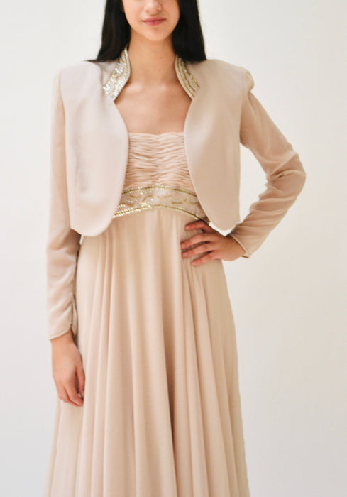 90s Vintage Wedding Party Tan Nude Evening Gown Jacket Rhinestone Beaded Dress Small Medium// Rose Taft Mother Of the Bride Wedding Dress