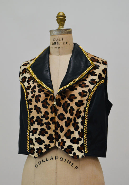 80s 90s Vintage Studded Black Leather Animal Print Vest Gold Leather Vest By Kippys XL Large Gold Studded Animal Print Black Leather Vest