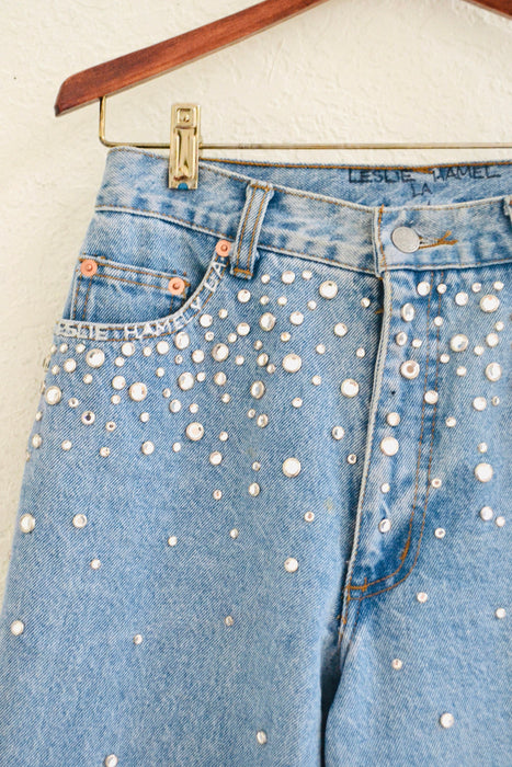 80s 90s Vintage Rhinestone Studded Jeans Pants Leslie Hamel High Waisted Jeans Rhinestone Denim Metallic Madonna jeans Small medium 4 6 8