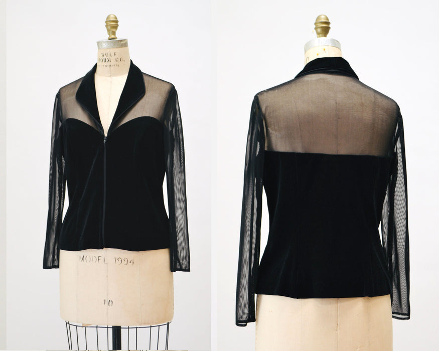 90s Vintage Sheer Black Velvet Top 90s Party Sheer long Sleeve Top Medium Large // 90s Sheer Mesh Velvet Party Shirt Tadashi Inspired Top