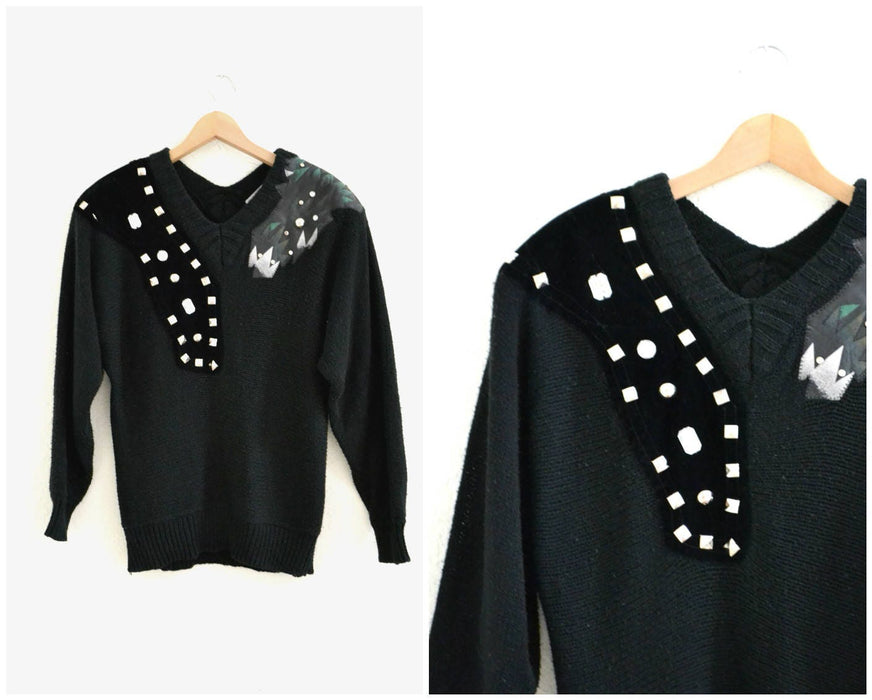 Vintage 80s Black Sweater Metallic studs rhinestones and faux leather SIze Medium Jumper Pull over 80s Glam Black Sweater