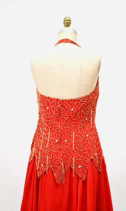 Stunning 80s 90s Vintage Red Beaded Dress Medium Large// 80s 90s Red Beaded Fringe Pageant Dress Halter Neck Showgirl Red Silk Chiffon Dress