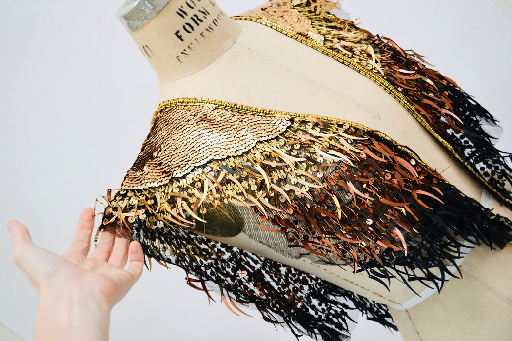 Vintage Gold Black Beaded Fringe Shawl Wrap Burlesque Wedding Flapper Gold Metallic Beaded Vintage Fringe Collar Shawl GOld Shawl Sharmark