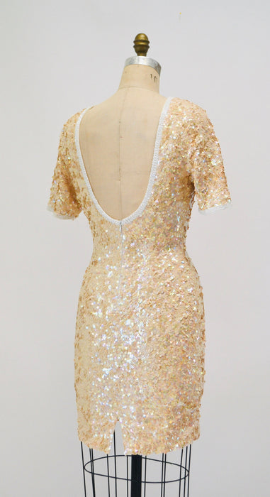 90s Vintage Sequin Dress Cream Off White Sequin Dress Small Medium// 90s Sequin Wedding Party Cocktail Dress Short Sleeve Lillie Rubin