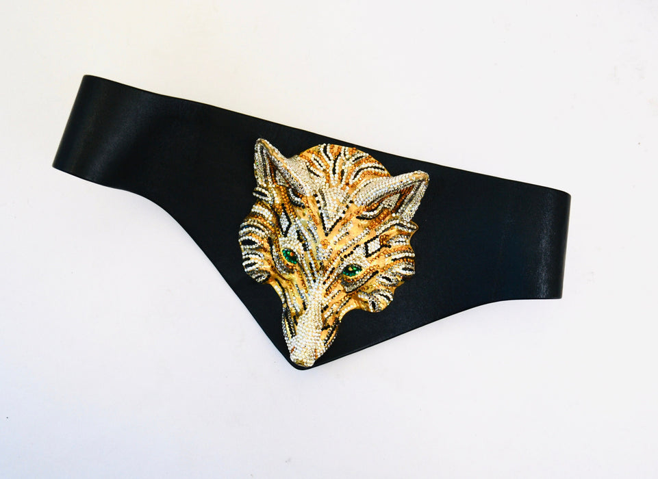 70s 80s Vintage Ermine Beverly Hills Leather and Austrian Crystals FOX Face belt Metallic Gold Rhinestone Belt Small Medium Large 28-33"