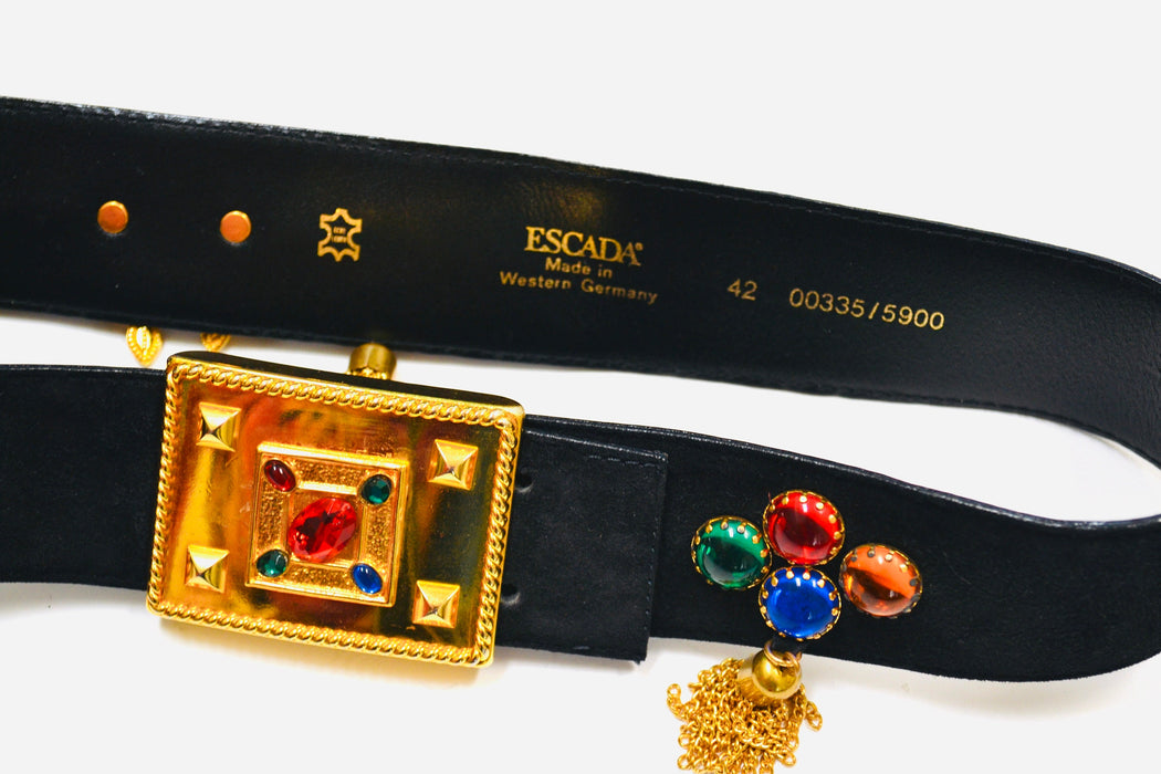 80s 90s Vintage ESCADA Black Gold Gemstone Belt Metallic Chain Fringe Black Leather Belt size 42 Medium Large 80s Glam Wide Black Gold Belt