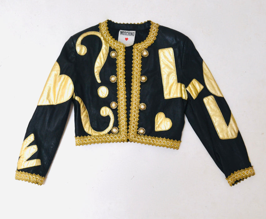 90s Vintage Moschino Peace LOVE NOW Leather Jacket Vintage Black Gold Metallic Leather Heart Jacket by Moschino Leather Medium