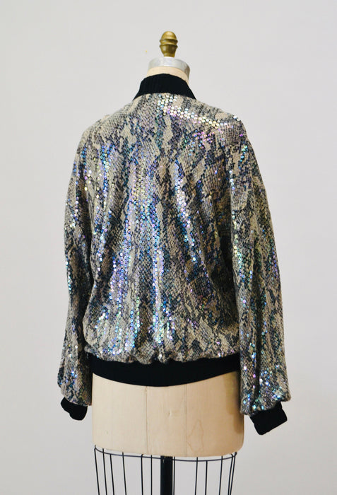 90s Vintage Sequin Bomber Track Jacket Black Grey Sequin Snake Python Jacket Small Medium// 90s Party sequin Jacket Snake Print Criscione