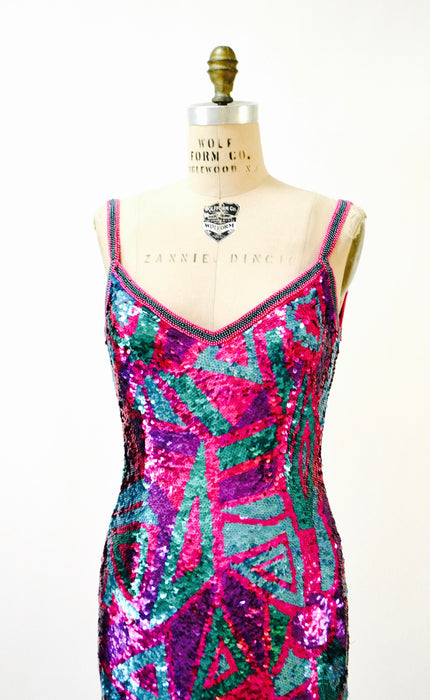 Vintage Sequin Dress Metallic Dress Pink Purple Sequin Dress XS Small // 90s Prom Dress Sequin Dress Sleeveless BodyCon Alyce Designs