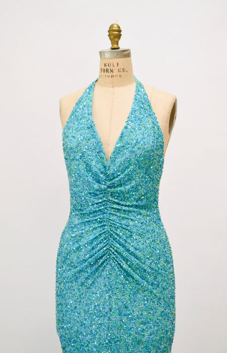 Vintage 00s Y2K Silk Bias Cut Dress Small Medium Blue Teal Silk Beaded Sequin Bias Cut Dress Evening Beach Wedding Gown Mermaid Prom Dress