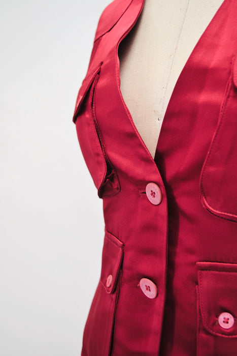 80s 90s Vintage Red Burgundy Satain Vest Medium by Gianfranco Ferre Vest Red Satin Cargo Vest Designer vintage Womens Red Gilet Vest Small