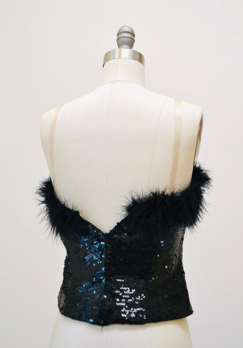 80s 90s Vintage Black Sequin Feather Bustier Top Size XS Small 90s 2000s Sequin feather Strapless top XXS Xs Black Sequin Feather Crop top