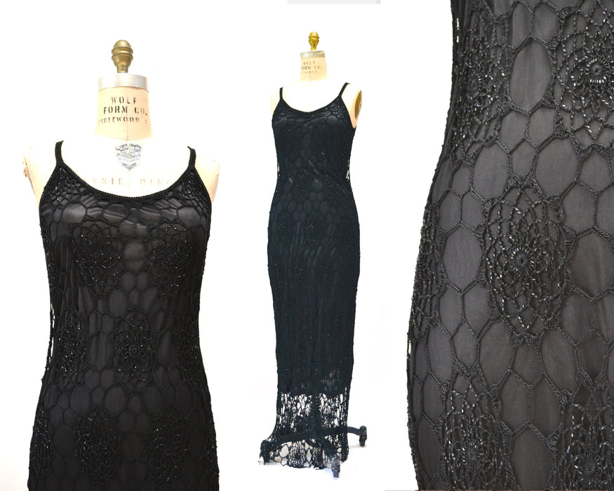 90s 00s Y2k Vintage Black Crochet Dress Black Beaded Knit Long Maxi Dress Dress Large 00s Black Crochet Slip Tank Dress Beach Party