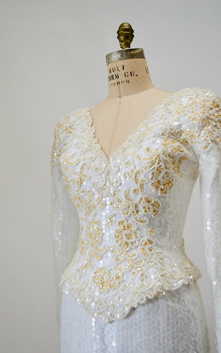 80s 90s Vintage White Lace Sequin Wedding Dress Vintage Conservative Wedding Dress SMALL Medium // Long Sleeve Vintage White Sequin Dress