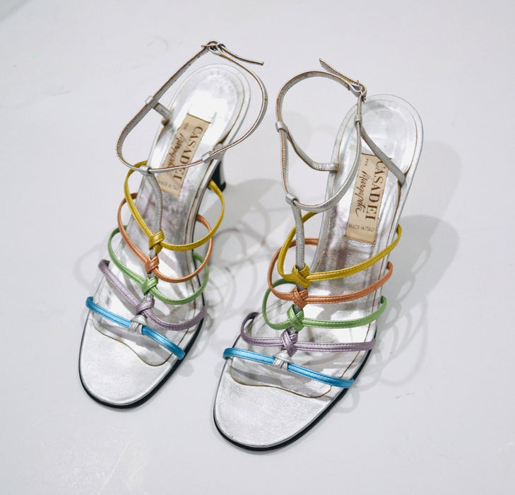 Vintage 80s 90s Silver Metallic High Heel Sandals Size 9  1/2 Casadei Metallic Silver Pastel Leather Strap High Heel Sandals Wedding Shoes