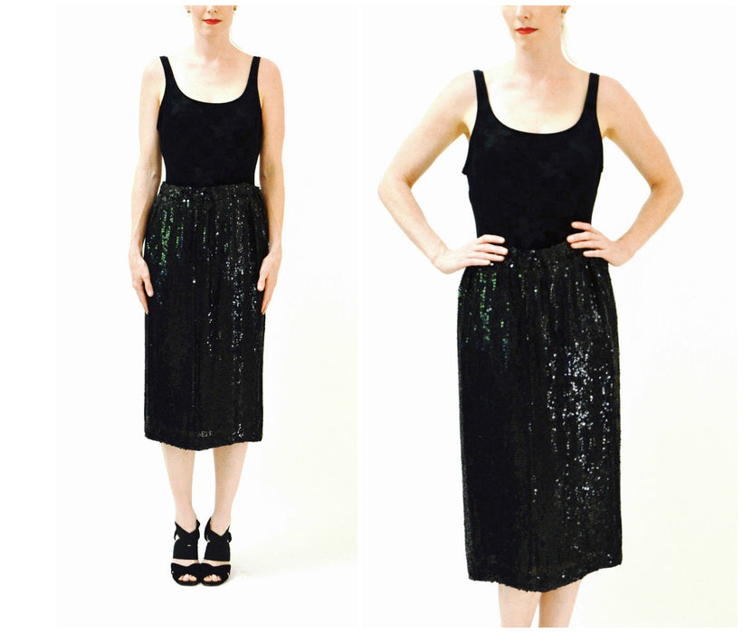 Vintage Black Sequin Skirt Size Medium Large 80s 90s Vintage Sequin Skirt