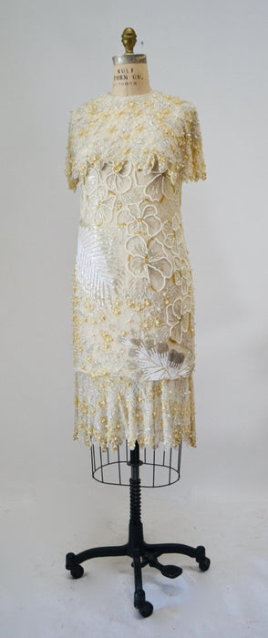 80s 90s Vintage White Beaded Party Dress Dress Small // Vintage Cocktail Wedding Dress White Beaded Flapper White Beaded Party Dress
