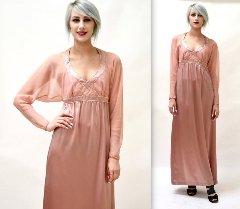 70s 80s Vintage Draped Goddess Gown Pink Silk Small// 80s Vintage Wedding Evening Gown Dress Grecian Bride in Pink Silk with Rhinestones