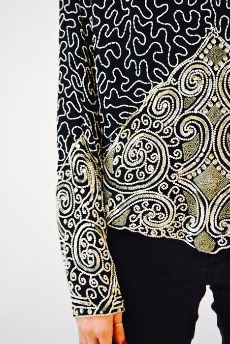 80s 90s Vintage Beaded Sequin Shirt Top Black White Silver Medium Large Art Deco Flapper Inspired Beaded Top Shirt Judith Ann Creations
