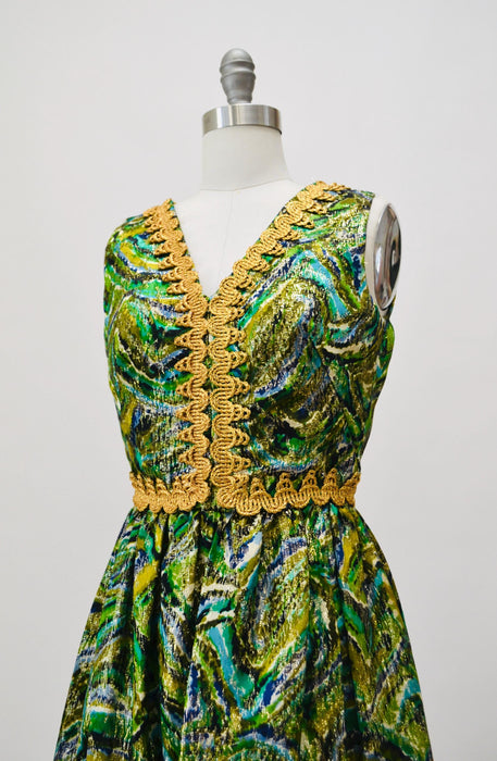 60s 70s Vintage Metallic Green Party Cocktail Dress XXS XS Green Blue Gold Dress with Marabou Feathers 60s Disco Party Dress Green Metallic