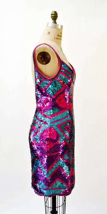 Vintage Sequin Dress Metallic Dress Pink Purple Sequin Dress XS Small // 90s Prom Dress Sequin Dress Sleeveless BodyCon Alyce Designs