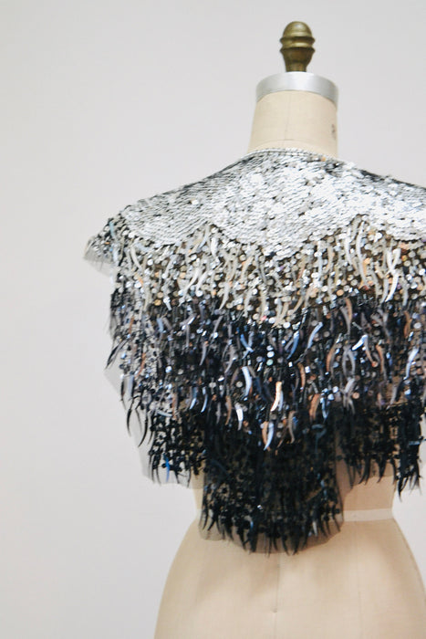 Vintage Silver Black Beaded Fringe Shawl Wrap Burlesque Wedding Flapper Silver Wedding Metallic Beaded Vintage Fringe Colla Shawl Sharmark