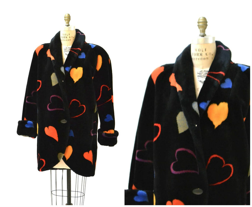 Vintage Black Faux Fur Jacket Coat with Hearts 90s pop art Rainbow Hearts Vintage Donny Brook Black with Hearts Coat Small Medium Gay Pride
