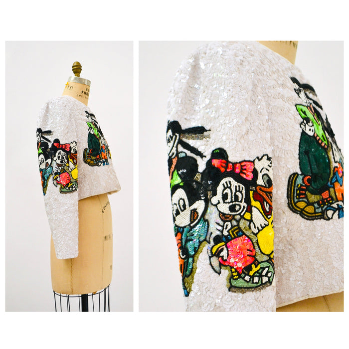 Vintage Jeanette Kastenberg Platinum Beaded Jacket Disney Mickey Minnie Mouse Donald Duck Beaded Bolero Jacket Comic Cartoon Small Medium