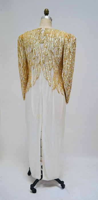 80s 90s Vintage off white Silver Cream Beaded Sequin Dress Gown Medium Pageant Wedding Party Dress Large White Beaded Dress