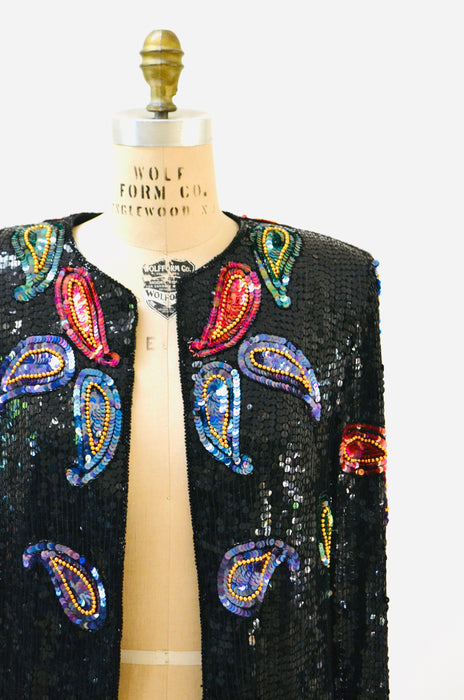Vintage Black Sequin Jacket Paisley Beaded Jacket Medium Large // Vintage Black Sequin Jacket Paisley Metallic 80s 90s Glam Sequin Jacket