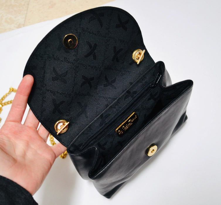 90s Vintage Black Leather Purse Bag By Paloma Picasso//  Black Leather Gold Chain Cross Body Bag Small Black Leather Bag Made in Italy